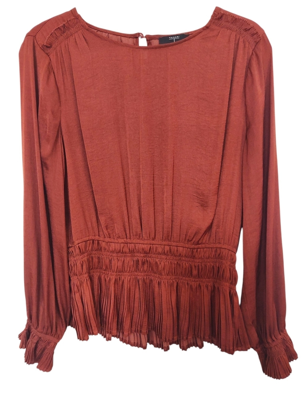 Tahari Brick Red Long-Sleeve Pleated Hem Blouse M